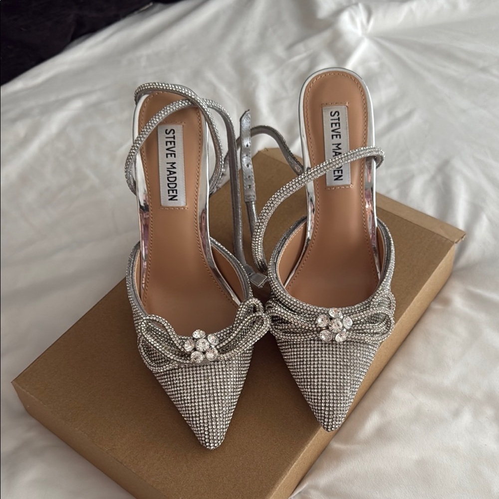 Steve Madden Silver Heels with Rhinestone Embellishments